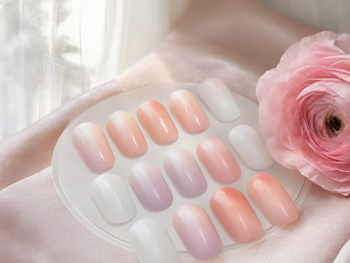 A display wheel of almond nail tips painted in soft ombré fades